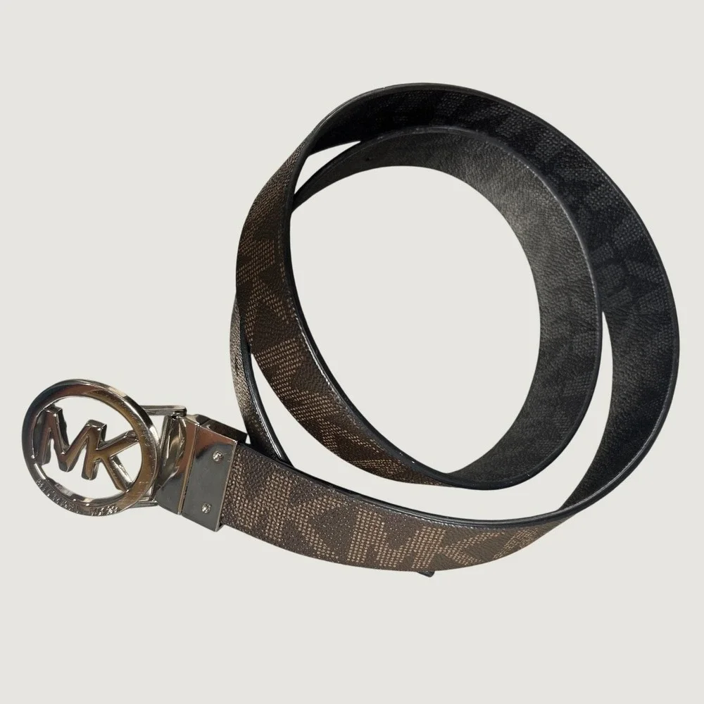 Michael Kors Reversible Belt Brown Black MK Logo Monogram Silver Buckle 40.5in
